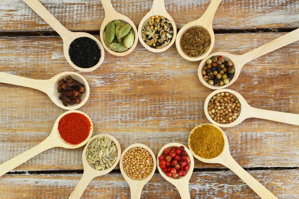 Selection of Indian spices on wooden spoons — Stock Photo, Image