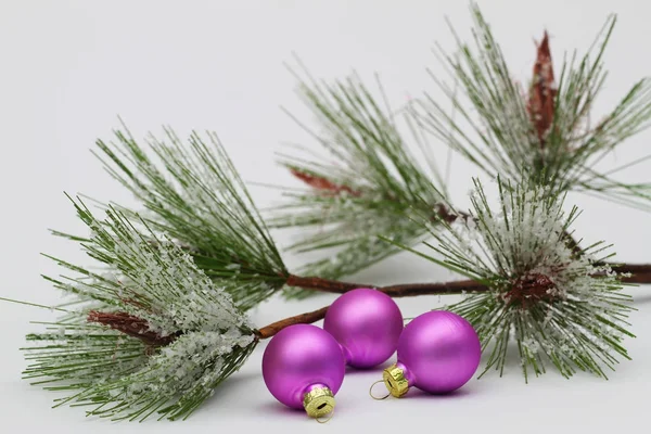 Rosa bolas de Navidad y pino cubierto de copos de nieve con espacio para copiar —  Fotos de Stock