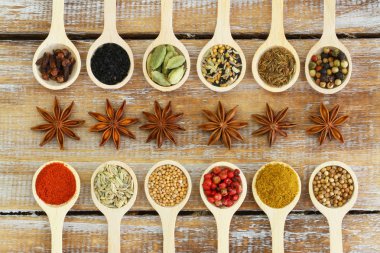 Tahta kaşıklar üzerinde Hint baharat yelpazesi 