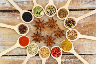 Tahta kaşıklar üzerinde Hint baharat yelpazesi 