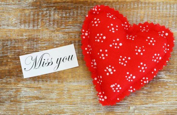 Miss You Card Red Heart Rust Wood Surface — стоковое фото