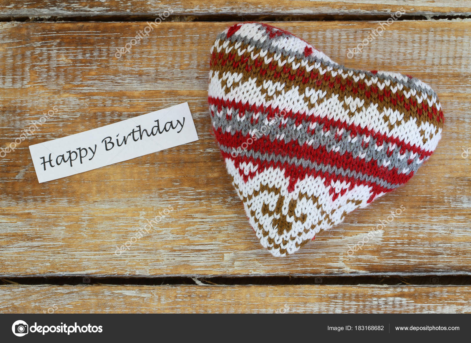 happy birthday card with knitted heart on rustic wooden surface 183168682