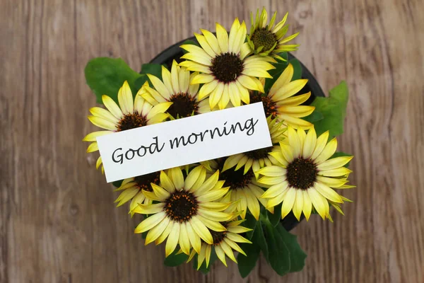 Bom Dia Cartão Com Margaridas Amarelas Superfície Madeira — Fotografia de Stock