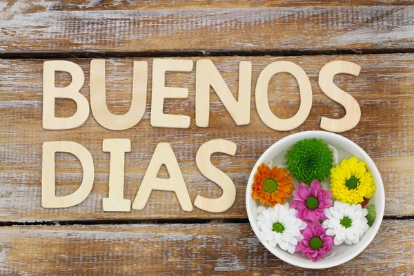 Buenos Dias Bom Dia Espanhol Escrito Com Letras Madeira Flores — Fotografia de Stock