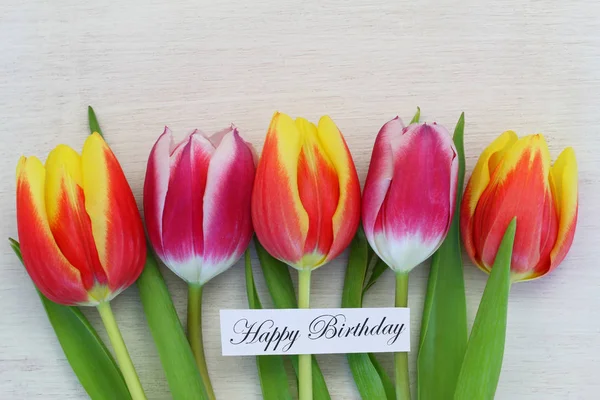 Gelukkige Verjaardag Card Met Kleurrijke Tulpen — Stockfoto