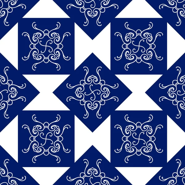 Patrón sin costura abstracto, ornamento de vector vintage, fondo azul y blanco — Archivo Imágenes Vectoriales