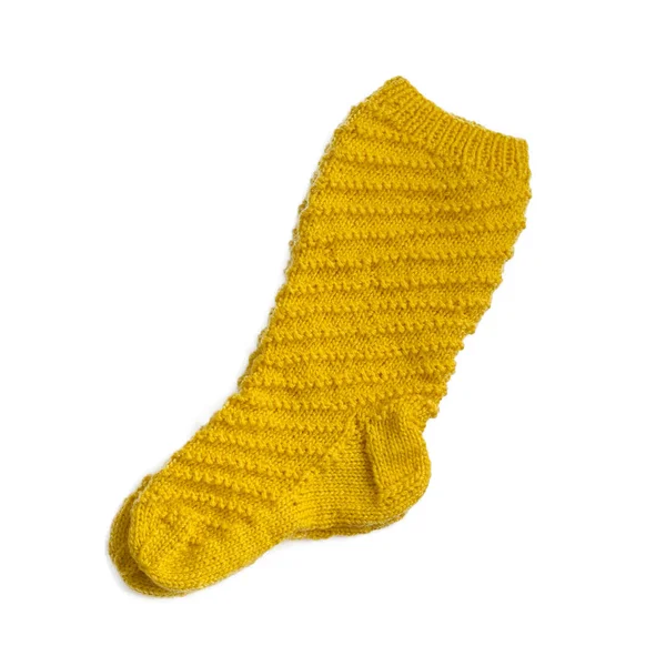 Warm knitted yellow female sock closeup. Isolate — ストック写真