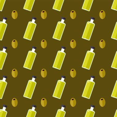 Zeytin ve zeytinyağı şişeleriyle kusursuz desen. Koyu arkaplanda düz bir tasarım. Vektör illüstrasyonu