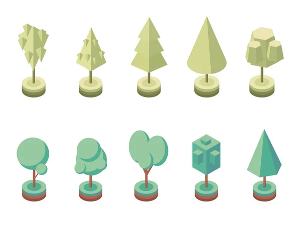 Bäume isometrisch setzen. Landschaftsbauer-Bausatz. Symbole für Stadtpläne, Spiele. Vektorillustration — Stockvektor