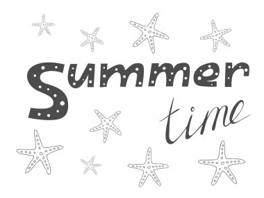 Yaz mevsiminde deniz yıldızıyla el çizimi siyah metin. Beyaz arka planda yaz tatili vektör illüstrasyonu