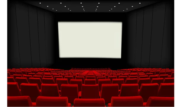 Белый экран красный ряд стульев Черный зал — стоковый вектор