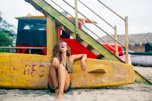 Beautiful Sunburned Girl Sitting Beach Old Rescue Tower Show Her Stock Image