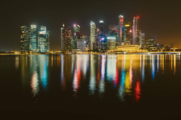 Illuminating Singapore Cityscape, panoramic night skyline