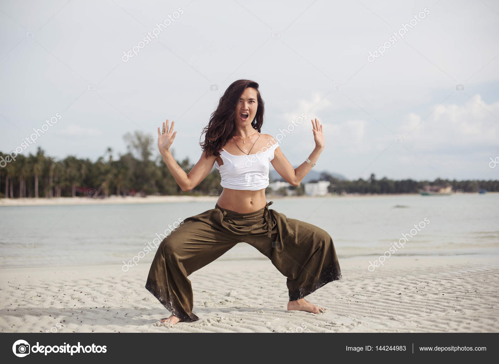 Woman doing kung fu exercise Stock Photo by ©AnnaTamila 144244983