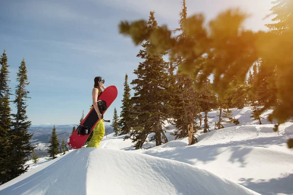 Vrouwelijke snowboarder staand met snowboard — Stockfoto