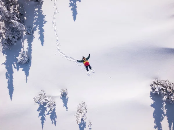 Téli Légi Felvétel Portré Snowboarder Fekvő Tiszta Között Karácsonyfák Havas — Stock Fotó