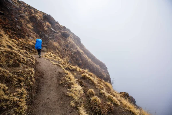 Junge Frau Mit Rucksack Regenmantel Wandert Nebelberg Über Wolken Und — Stockfoto