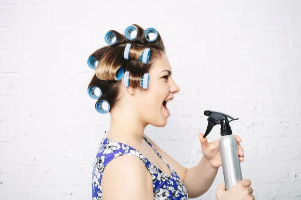 Happy Funny Woman Big Curler Her Hair — Stock Photo, Image