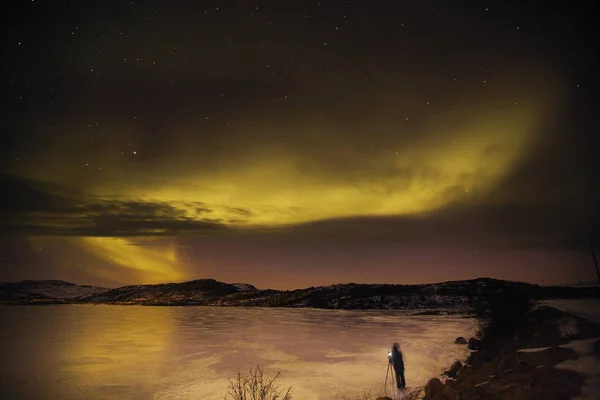 Man Photographing Polar Light Frozen Lake — Stock Photo, Image