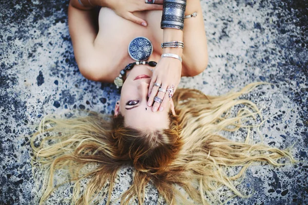 Gypsy Boho Style Young Woman Wearing Tribal Jewellery Portrait — Stock Photo, Image