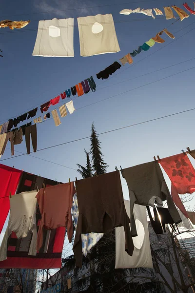 Colorful Clothes Laundry Drying Outdoor Sun Open Sky Line Batumi — Stock Photo, Image