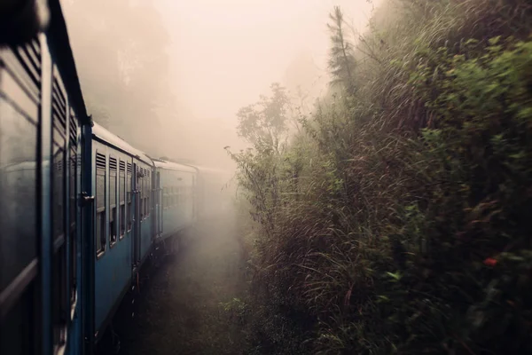 Train in misty foggy mountain railroad, beautiful mountains landscape. Are Lanka, way to Ella