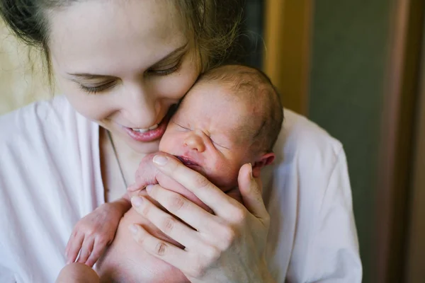 Young Mother Newborn Little Baby Home — Stock Photo, Image