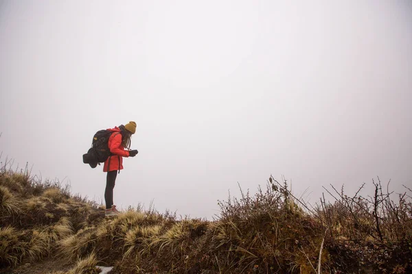 Junge Reisende Frau Mit Rucksack Verloren Und Steht Nebel Bergwandern — Stockfoto