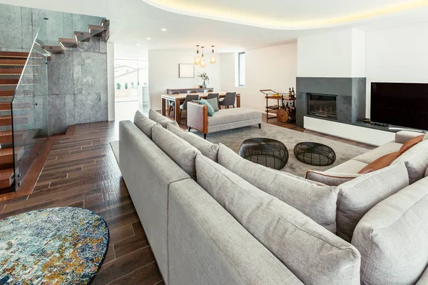 Living Room Modern Interior Design Stairs Grey Colours White Walls — ストック写真