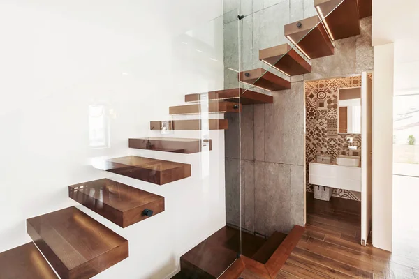 Stairs Living Room Open Door Bathroom Glass Wall — ストック写真