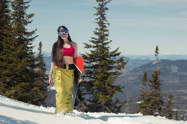 Snowboard Femenino Con Tabla Montaña Nieve —  Fotos de Stock