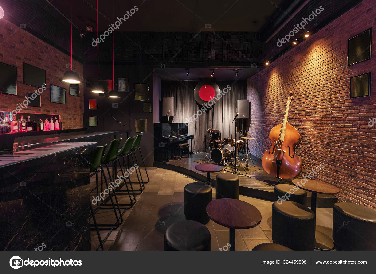 Modern Jazz Bar Interior Design Stage Black Piano Cello Lamps Stock
