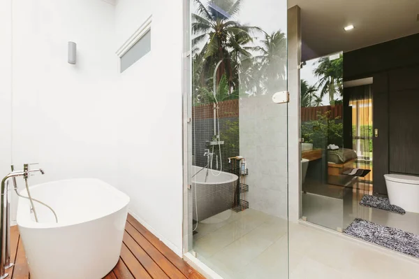 Bathroom in luxury villa interior. Bath outdoor