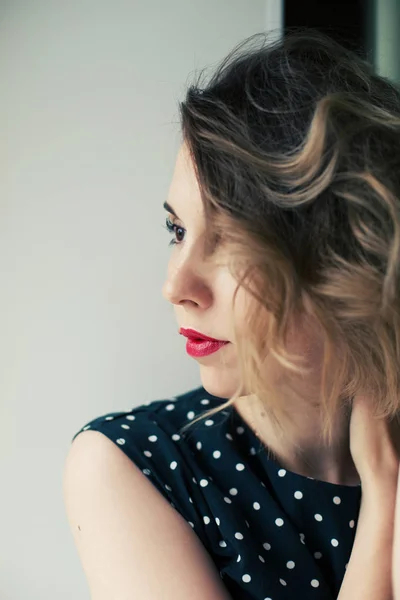 Beautiful Woman Looking Window Red Lipstick Nice Hair Style — Stock Photo, Image