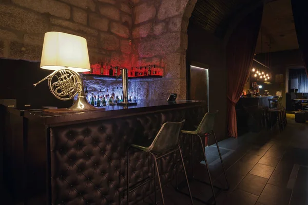 Diseño Interiores Bar Jazz Moderno Mostrador Bar Cuero Lámpara Como —  Fotos de Stock