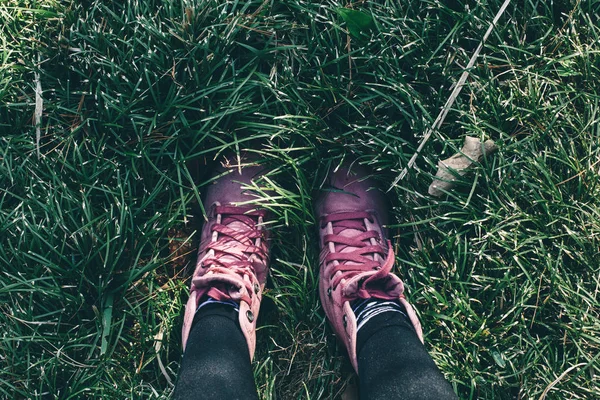 Legs Sneakers Pink Color Green Grass Outdoor — Stock Photo, Image