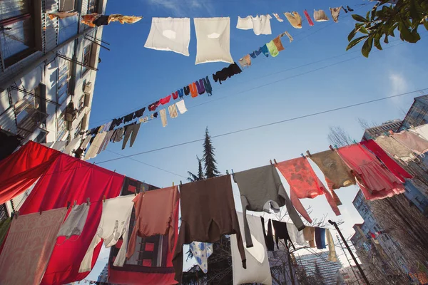 Colorful Clothes Laundry Drying Outdoor Sun Open Sky Line Batumi — Stock Photo, Image