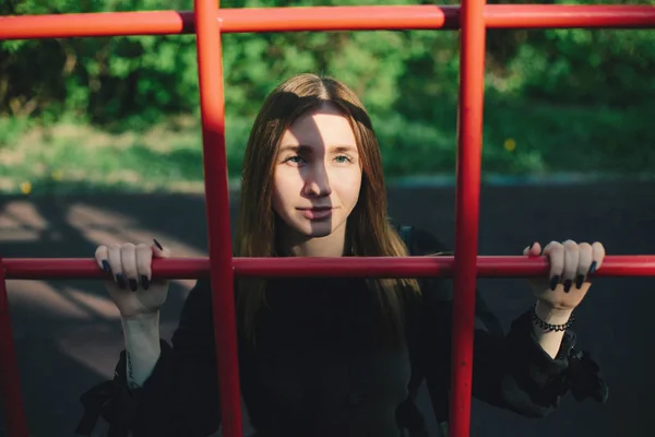 Teenager Female Portrait Red Cage Outdoor Sun Light Her Face — Stock Photo, Image