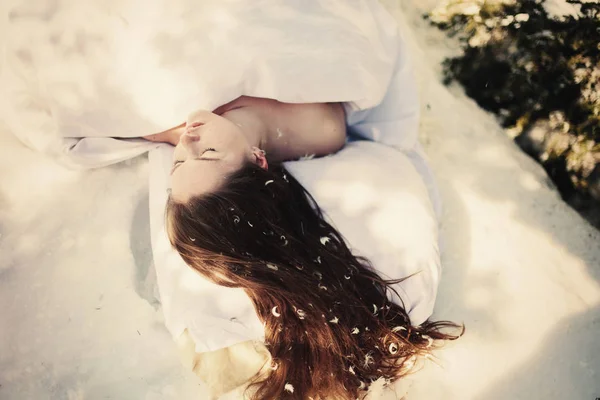 Art Portrait Beautiful Woman Long Brown Hair Slipping Snow Bad — Stock Photo, Image