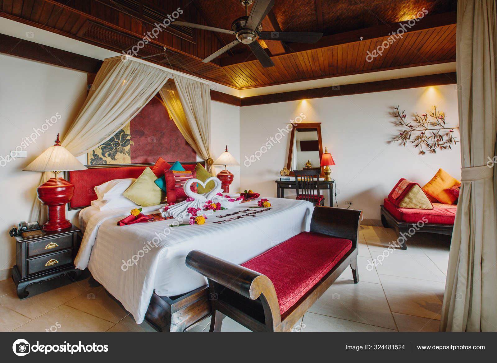 Luxury Hotel Bedroom Interior Honeymoon Decoration Stock Photo by ...