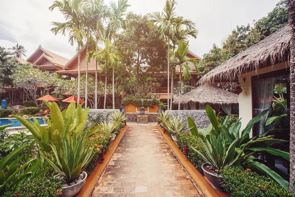 Interiér Tropické Stezky Luxusním Hotelovém Resortu Venkovní Tropickou Zahradou — Stock fotografie