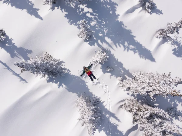 Winter Aerial View Portrait Snowboarder Female Lying Clean Snow Christmas — 스톡 사진