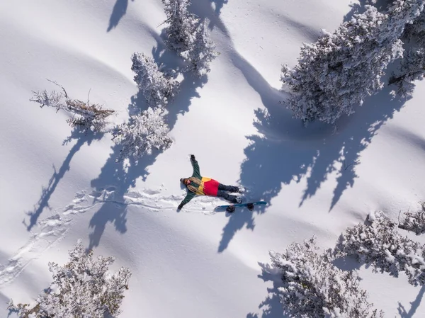 Zimowy Portret Kobiety Snowboardzistki Leżącej Czystym Śniegu Pomiędzy Choinkami Śnieżna — Zdjęcie stockowe