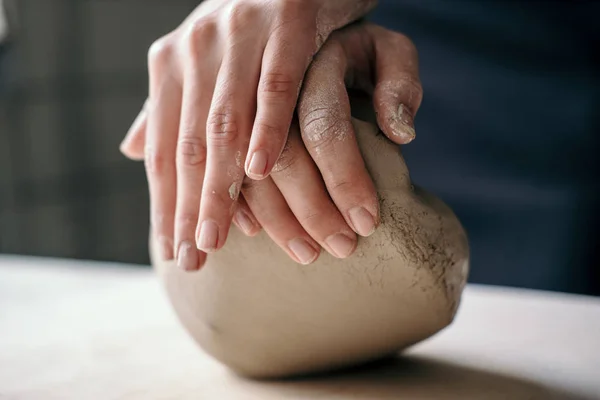 Female Potter Hands Working Clay Workshop White Desk Background — Stock Photo, Image