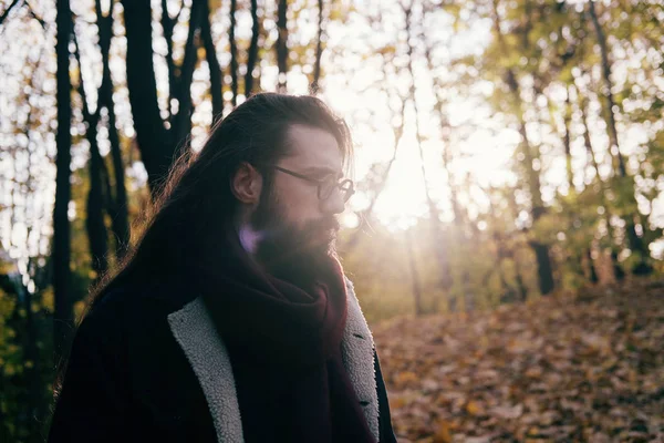 Atmospheric Autumn Outdoor Portrait Young Man Wearing Long Hair Beard — Stockfoto