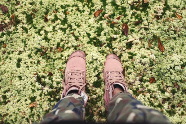 Legs Traveler Wearing Pink Sneakers Shoos Light Green Deep Moss — Stock Photo, Image