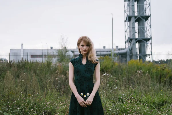 Portrait Beautiful Fashion Woman Holding Flower Standing Factory Outdoor — Stock Photo, Image