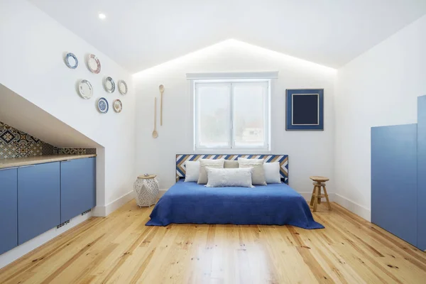 Moderní Bytový Interiér Design Modrých Barvách Malý Útulný Pokoj Kuchyní — Stock fotografie