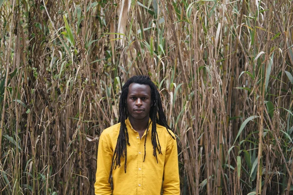 Außenporträt Eines Afrikanischen Mannes Mit Langen Dreadlocks Und Gelbem Hemd — Stockfoto