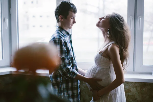 Pregnant Mother Father Standing Holding Belly Young Family Concept — Stock Photo, Image